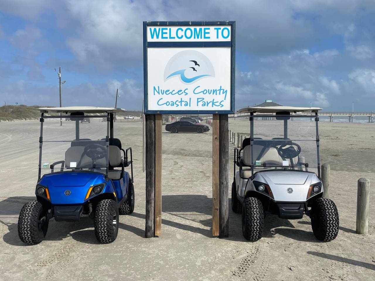 Peyton's Yamaha beach cart on the Port Aransas sand