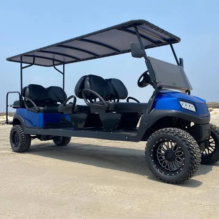 Metallic royal-blue Yamaha 8-passenger cart on the Port Aransas beach
