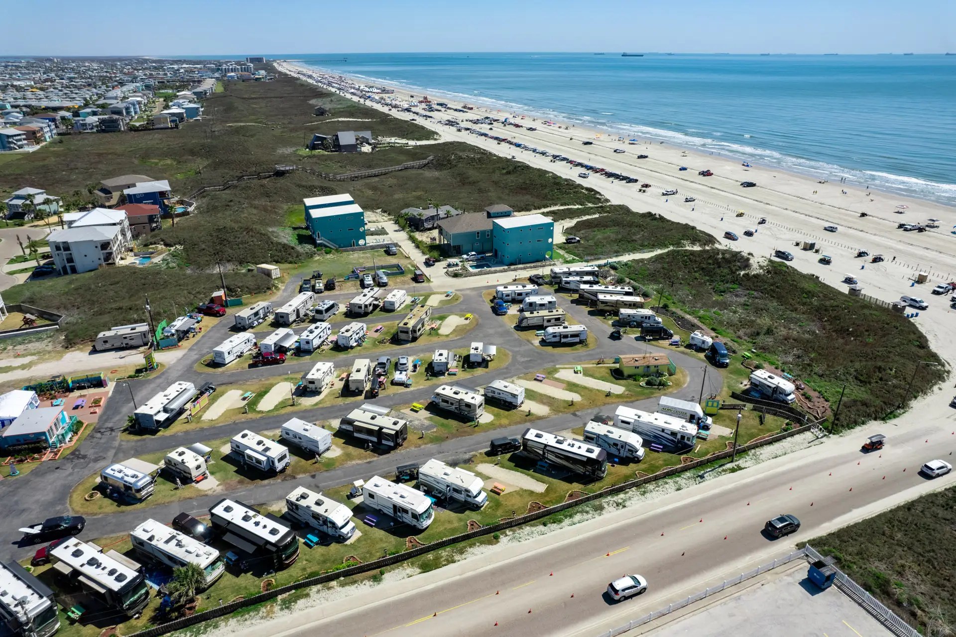 Aerial of On the Beach RV Park in Port Aransas — beachfront sites at 907 Access Road 1-A