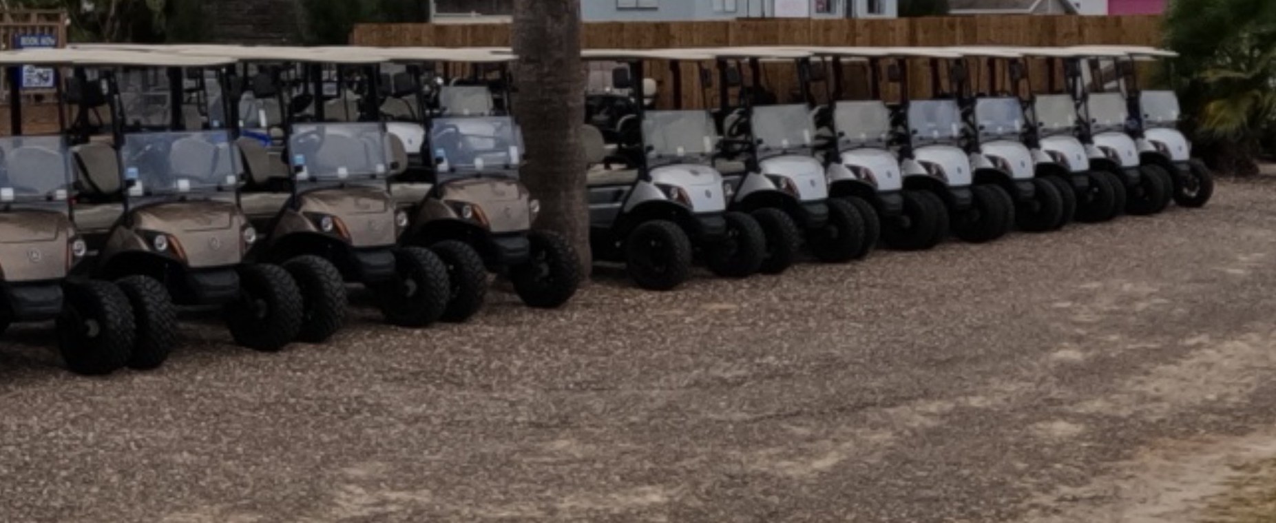 Champagne Yamaha golf carts lined up at Peyton's Beach Carts Port Aransas