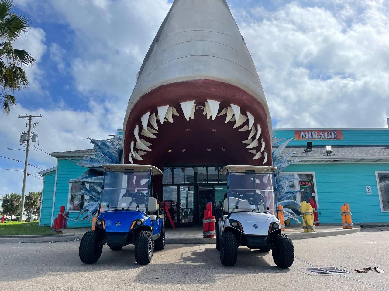 Peyton's beach cart parked on a Port Aransas street