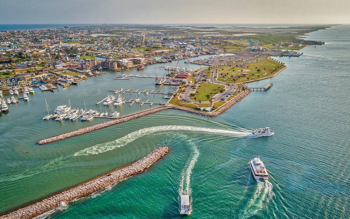 Port Aransas harbor with boats at the docks